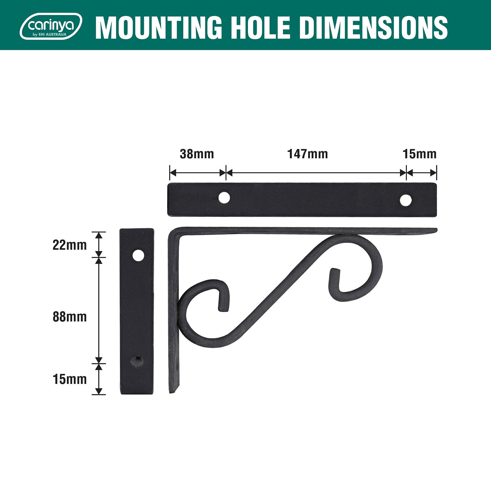 Carinya 200 x 125mm Black Powder Coated Steel Scroll Stayed Bracket 100kg