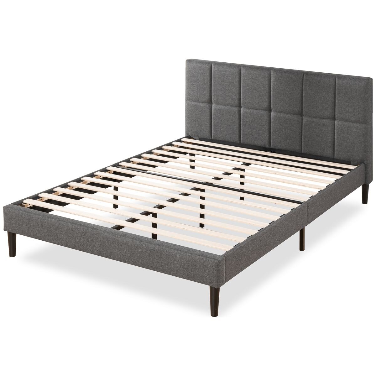 Zinus Leo Fabric Bed Frame Double - Dark Grey, Foam Padded Headboard, Wooden Slats - AU-FSPBO-D