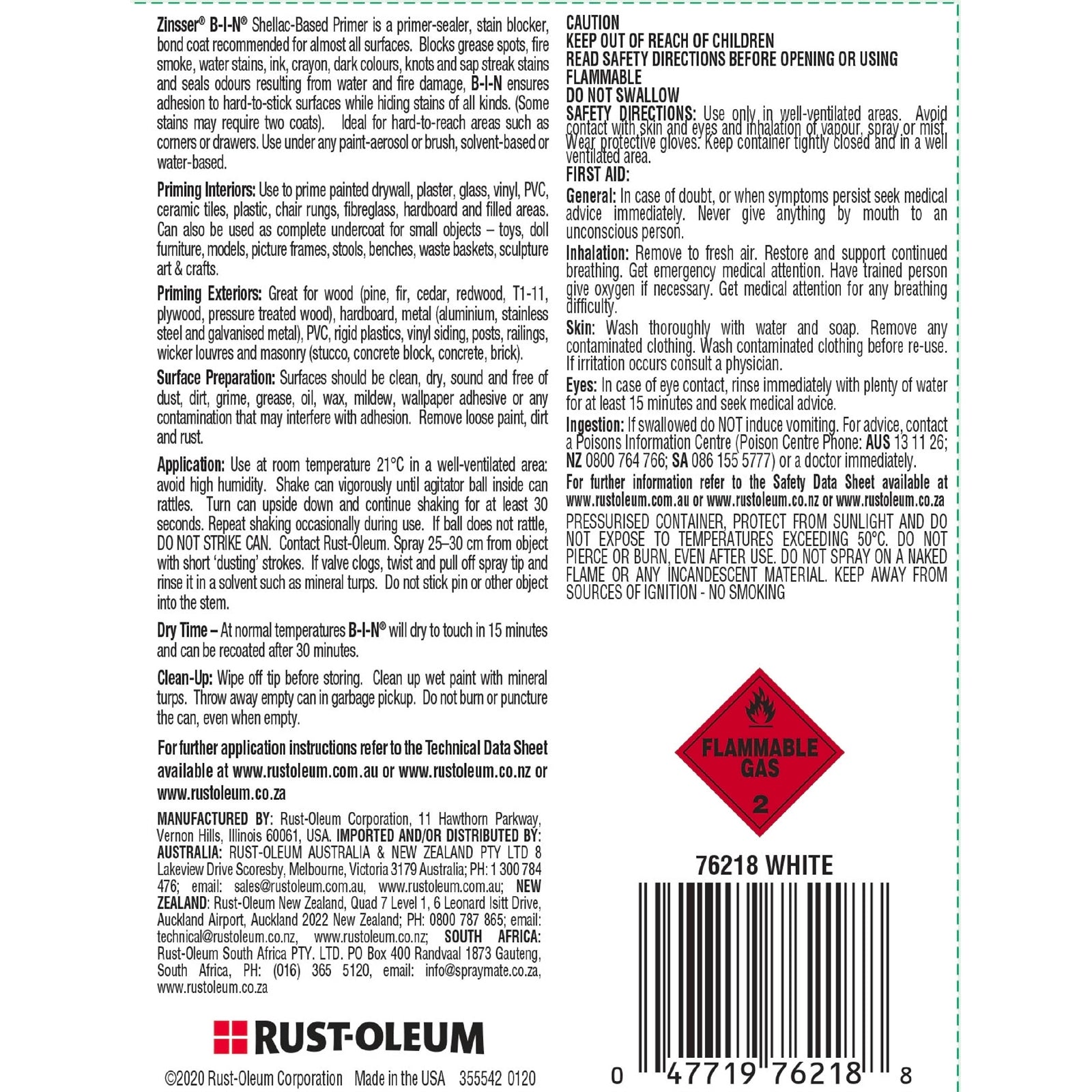 Zinsser B-I-N Primer Sealer Stain Blocker Aerosol 369g - White Shellac Based Spray
