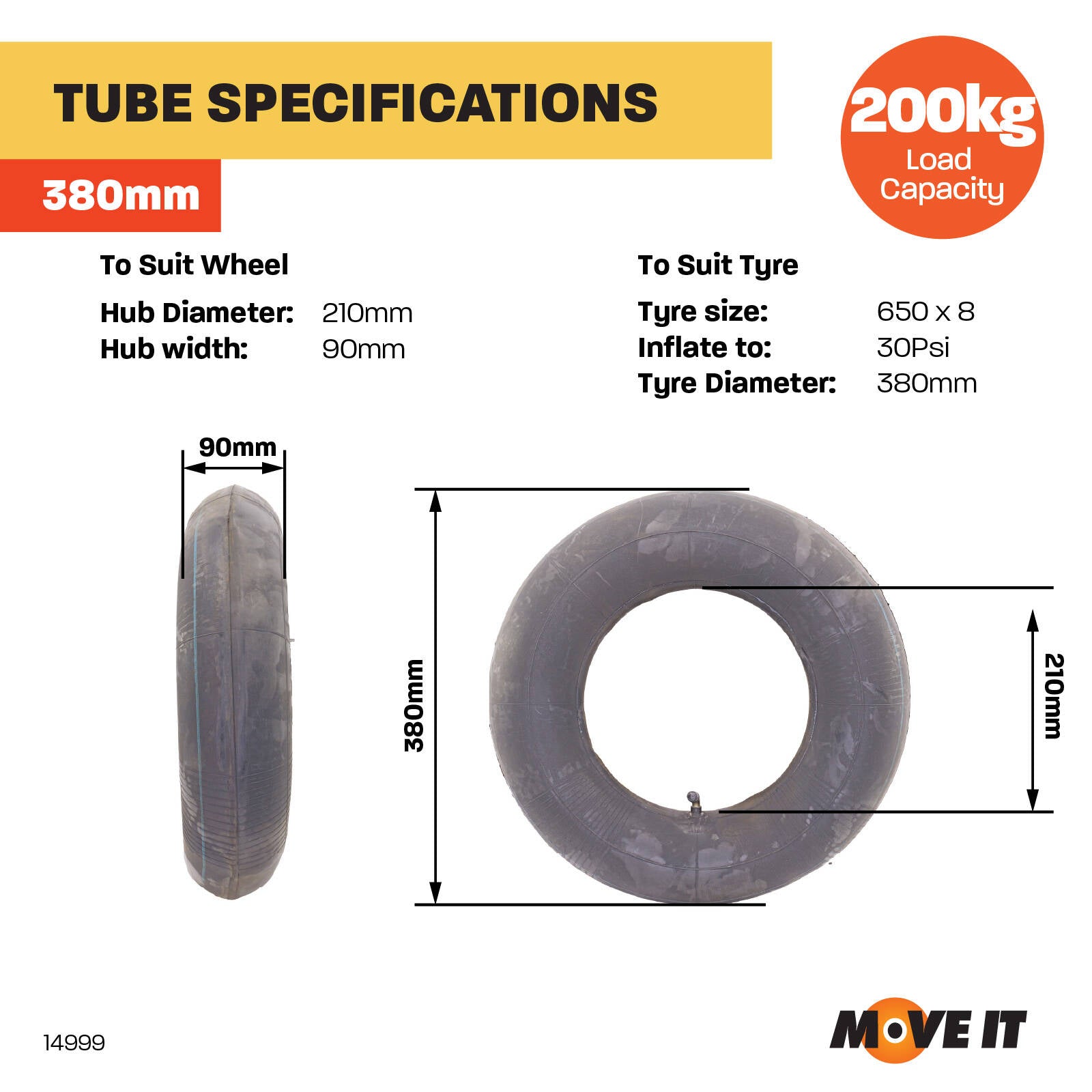 Move It 650 x 8 Replacement Inner Tube, Rubber, 200kg
