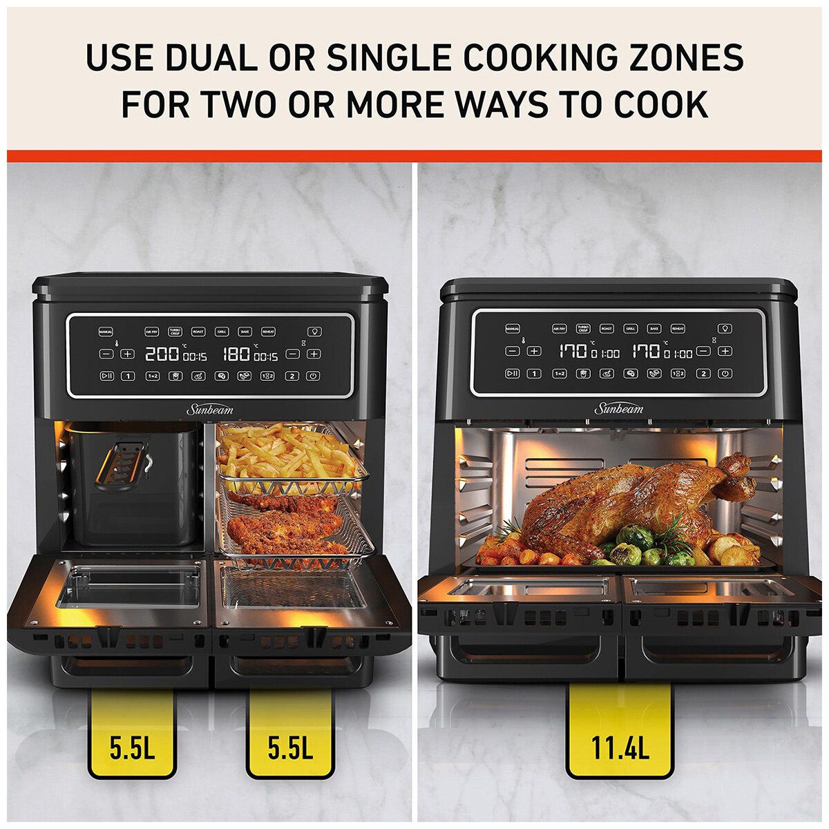 Sunbeam Multi Zone 11.4L Air Fryer Oven - Removable Centre Wall, Single or Dual Zone - AFP6000BK