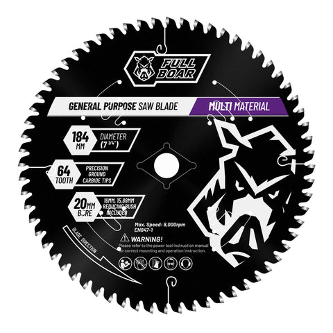 Full Boar 184mm 64T Multi-Material Circular Saw Blade, 20mm Bore