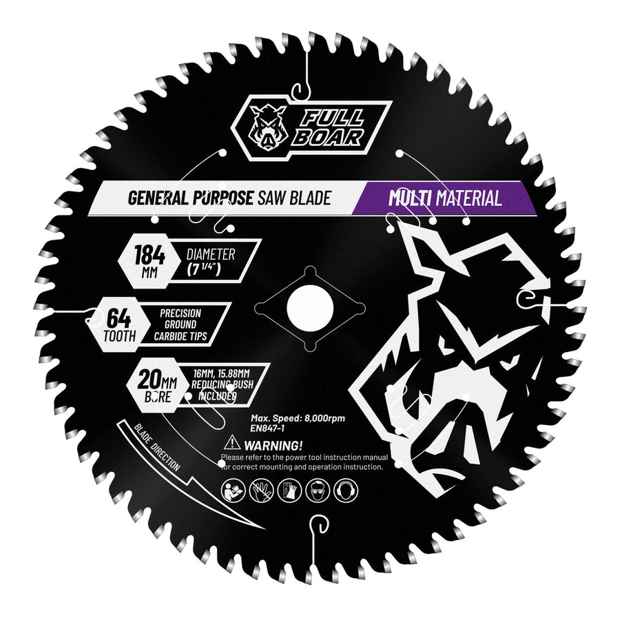 Full Boar 184mm 64T Multi-Material Circular Saw Blade, 20mm Bore