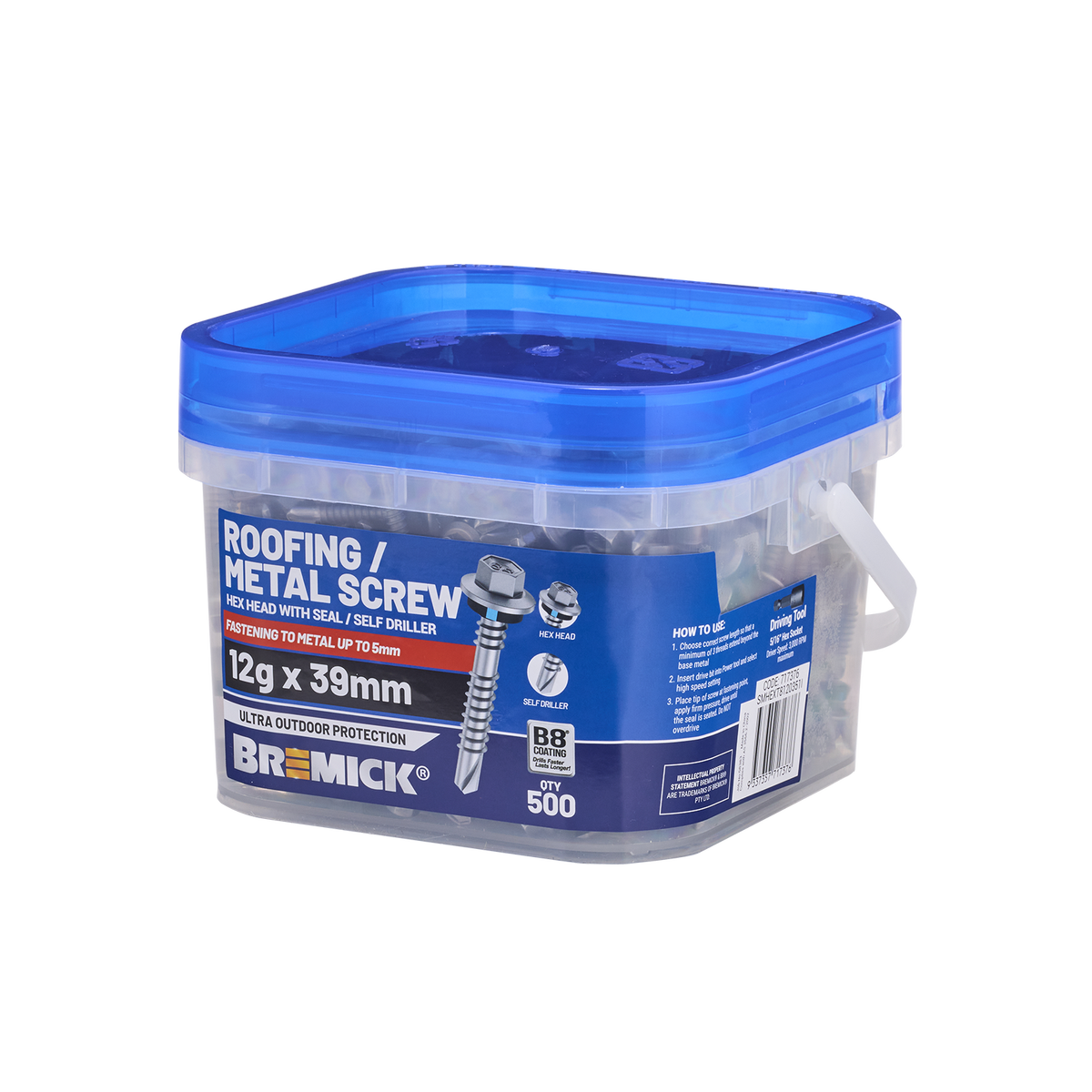 Bremick 12g x 39mm B8 Hex Roofing Screw - 500 Pack - Watertight Seal - SuperSaverAU - view 1