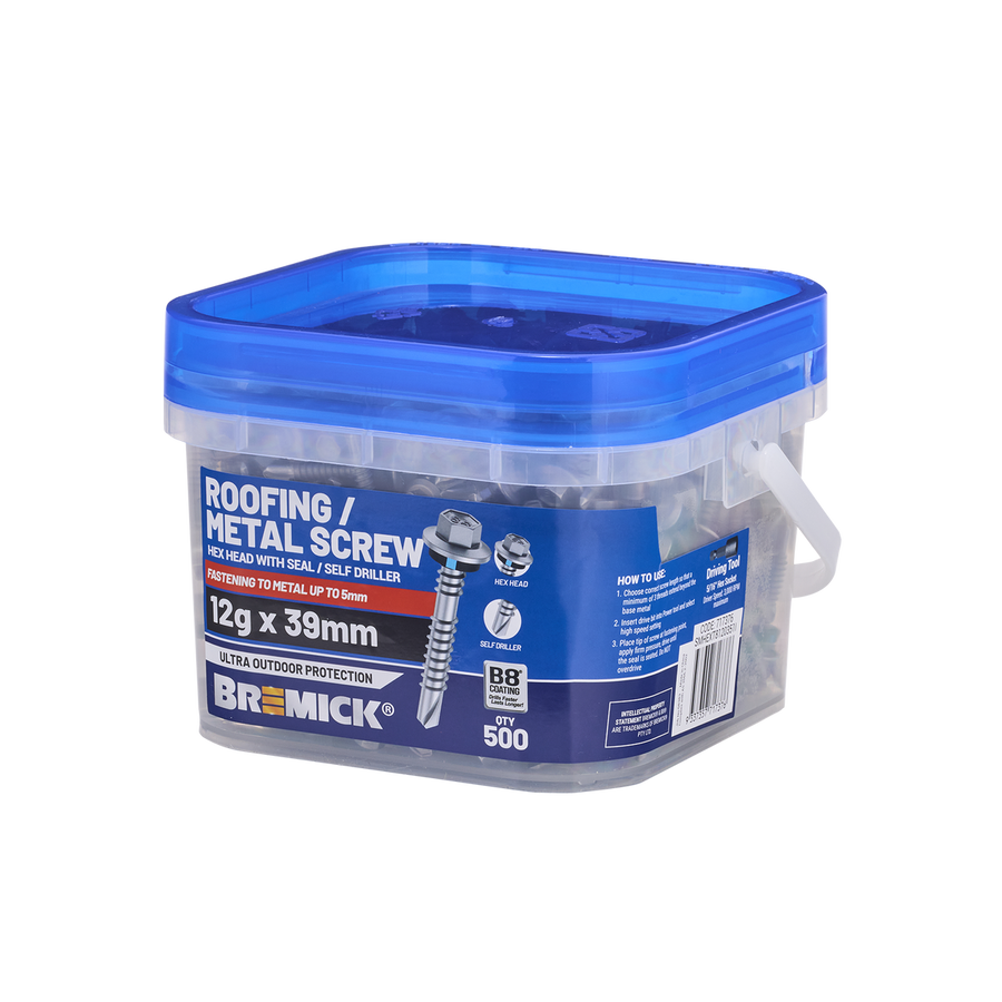 Bremick 12g x 39mm B8 Hex Roofing Screw - 500 Pack - Watertight Seal - SuperSaverAU - view 1