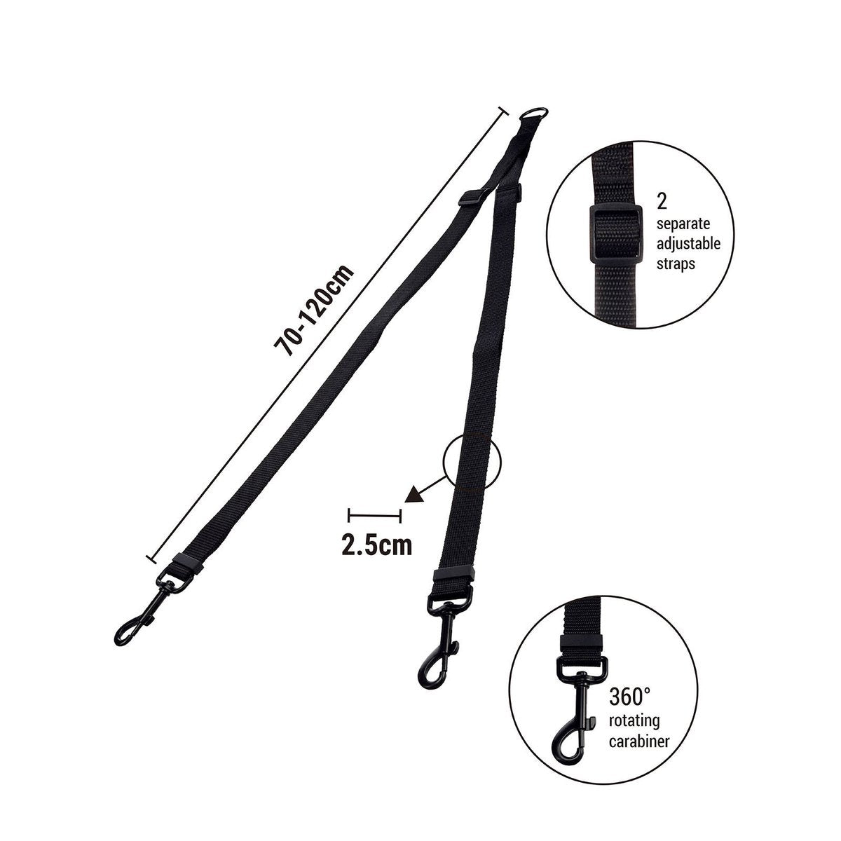 Flamingo Double Dog Leash - 2 Dogs - Adjustable 70cm to 120cm - Black - SuperSaverAU - view 3