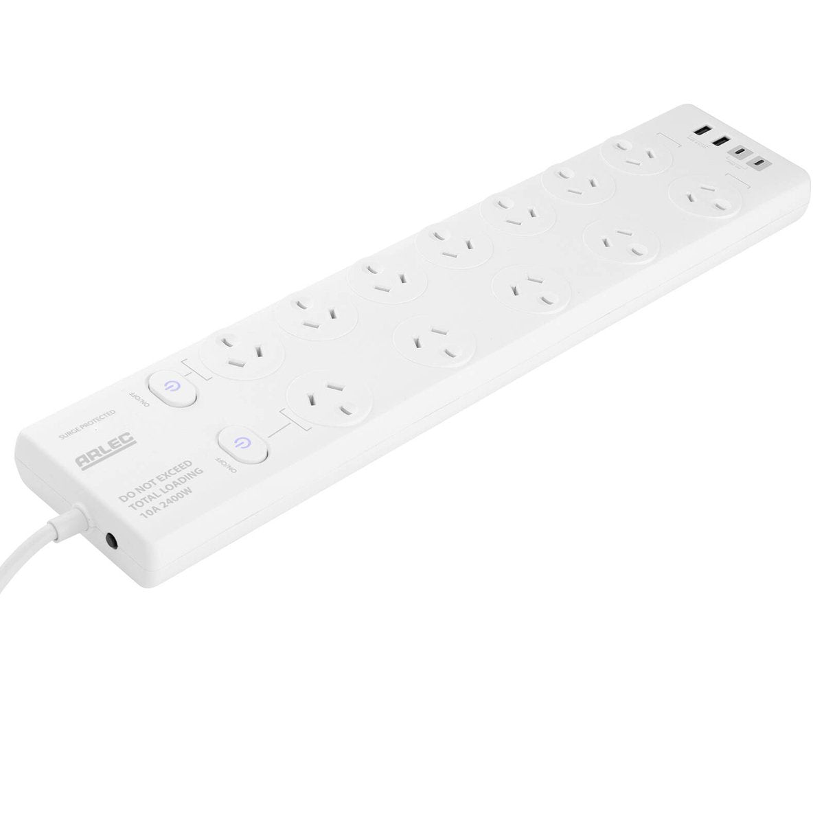 Arlec 12 Outlet Surge Protected Powerboard 190mm x 30mm - White - PD20W USB Charging - SuperSaverAU - view 2