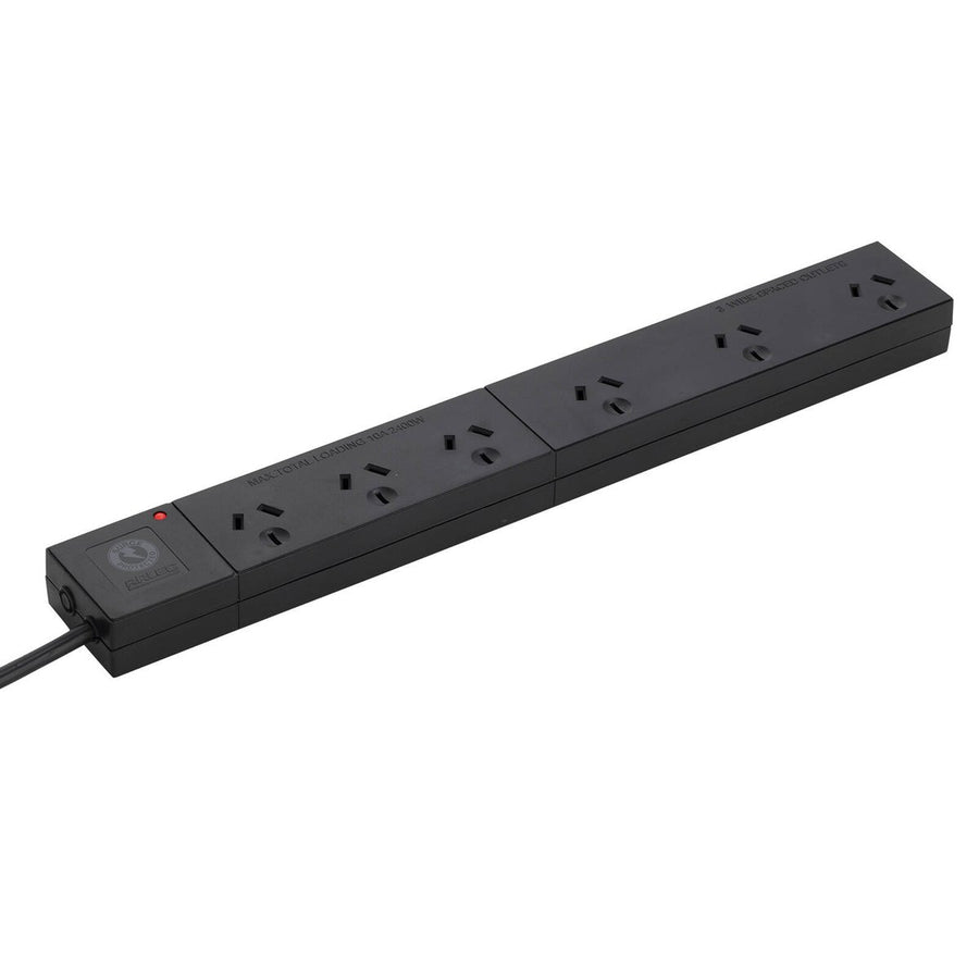 Arlec 6 Outlet Surge Protected Powerboard 380mm - Black - Wide Spaced - SuperSaverAU - view 1
