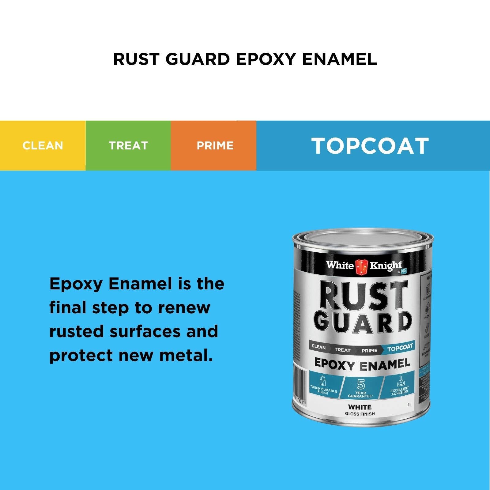 White Knight Rust Guard 1L White Gloss Epoxy Enamel Paint, Solvent-Based, One-Step for Metal Surfaces