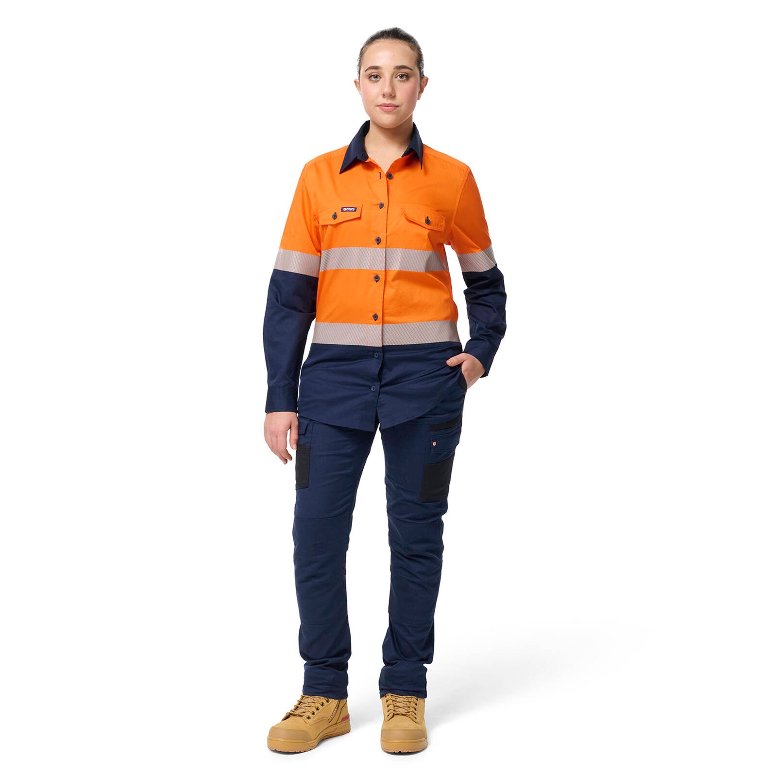 Citeco Women's Orange/Navy Hi Vis Taped Long Sleeve Shirt - Cotton, Size 16