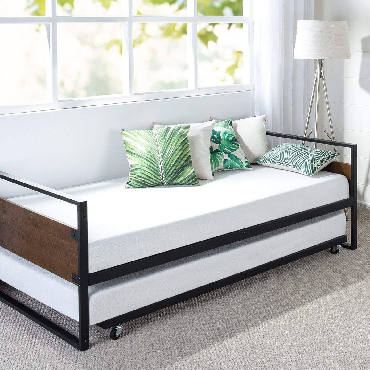 Zinus Ironline Single trundle bed frame set - black steel, daybed with hidden trundle - AU-IRDBS-39