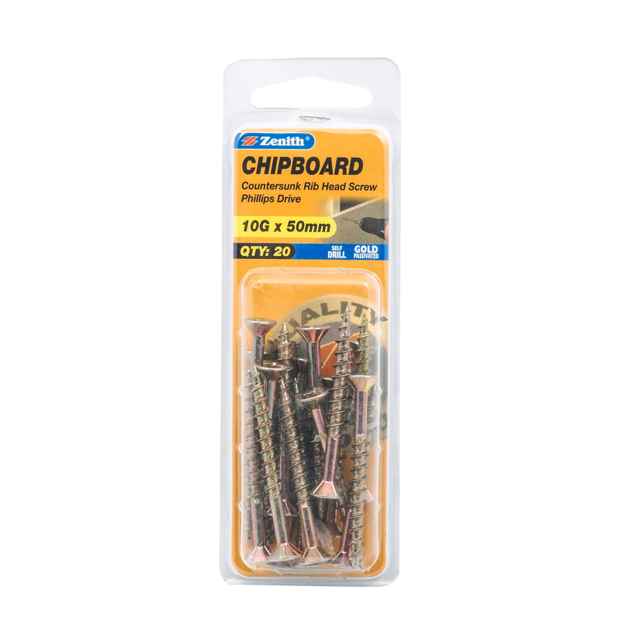 Zenith 10G x 50mm Gold Passivated Countersunk Rib Head Chipboard Screws - 20 Pack