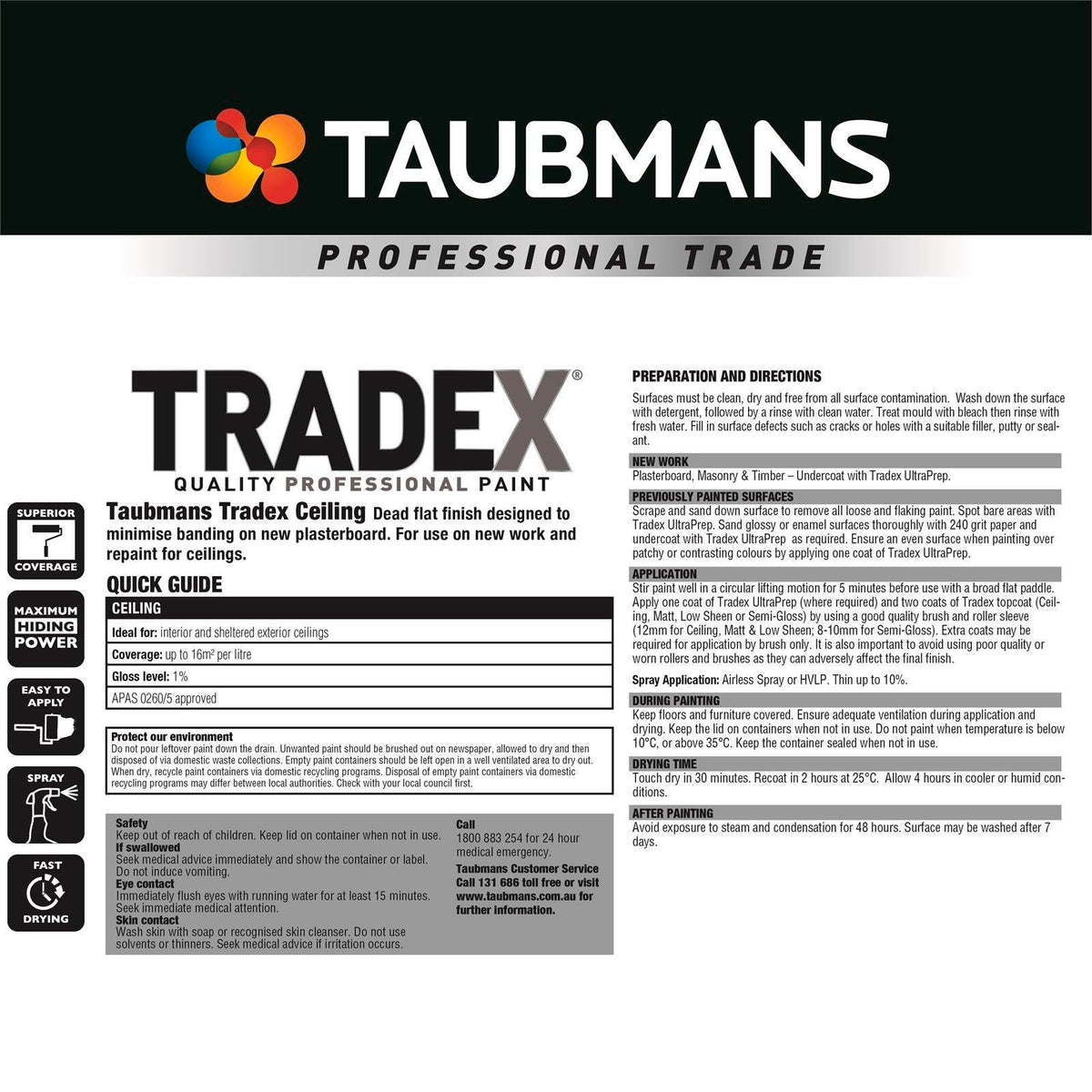 Taubmans Tradex 4L White Flat Interior Ceiling Paint - Water Based, Splatter Resistant