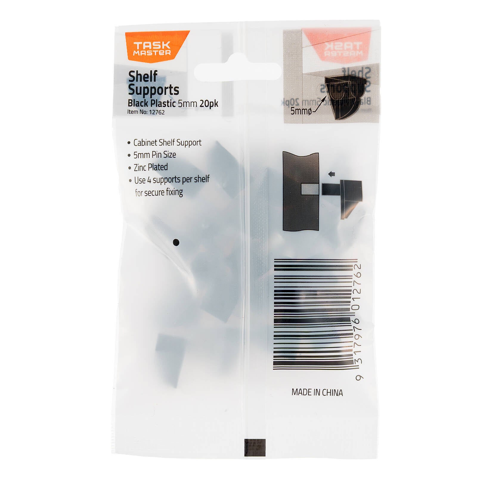Taskmaster 5mm Pin Black Plastic Shelf Support 20 Pack