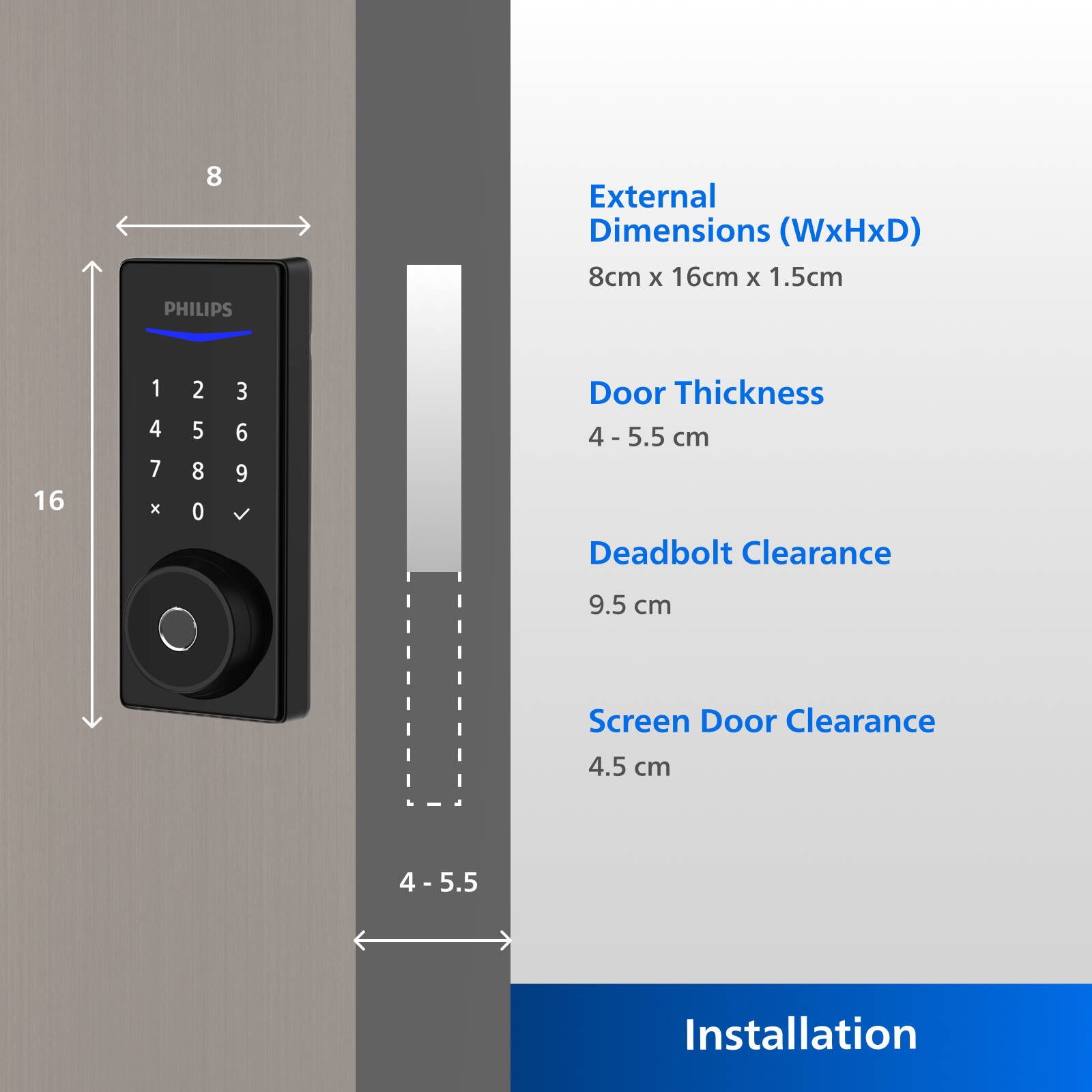 Philips EasyKey Black Fingerprint Deadbolt Door Lock with Mechanical Key DDL210S-1H