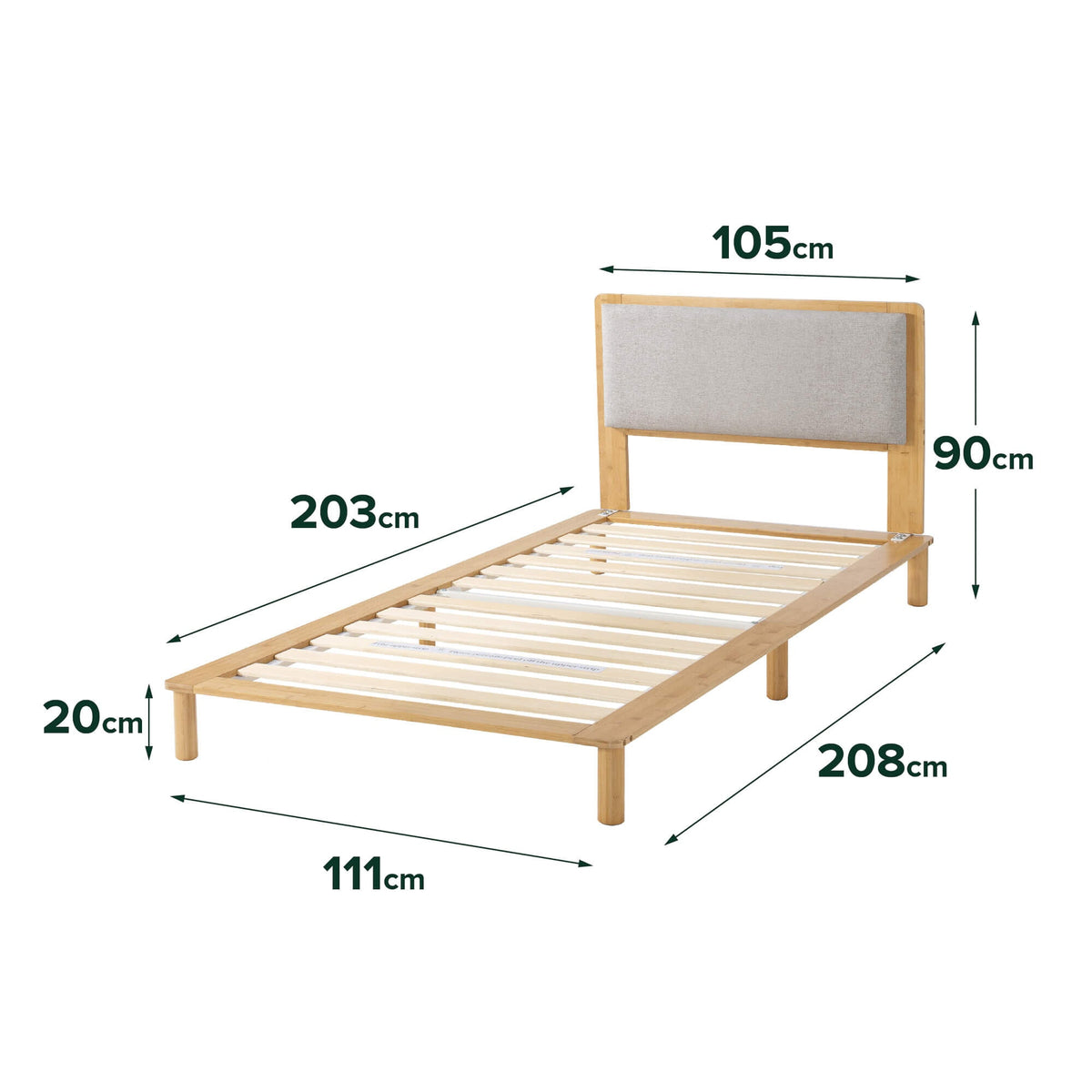 Zinus Arden King Single Bamboo Bed Frame - Natural Finish, Upholstered Headboard, Slats - AU-FPWNH8ZC-08B