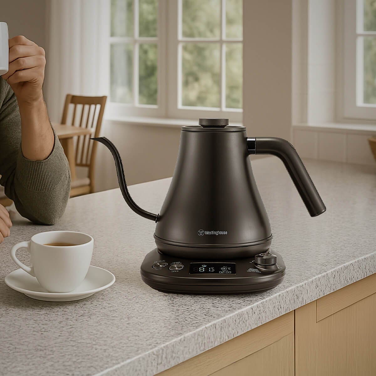 Westinghouse 0.8L Gooseneck Kettle - Variable Temperature 40°C to 100°C, Brew Stopwatch, Black - WHGKE01K