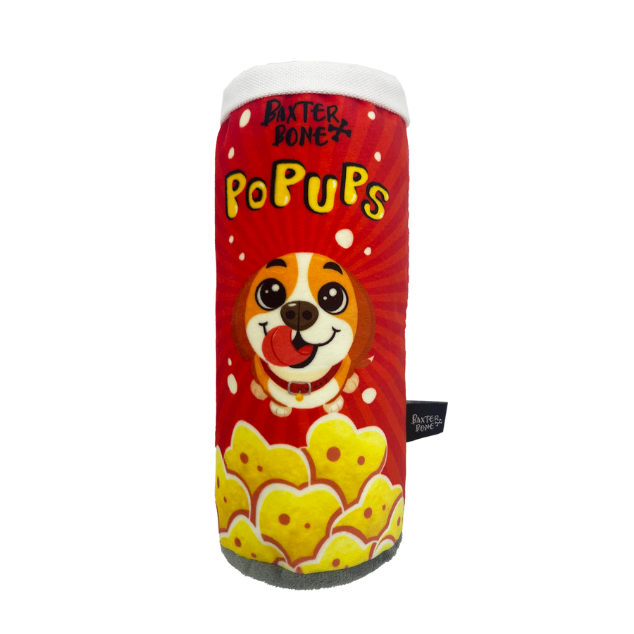 Baxter Bone Pop Ups Chips Can Plush Pet Toy - 80mm x 200mm - Red - Squeakers & Crinkle - SuperSaverAU - view 1