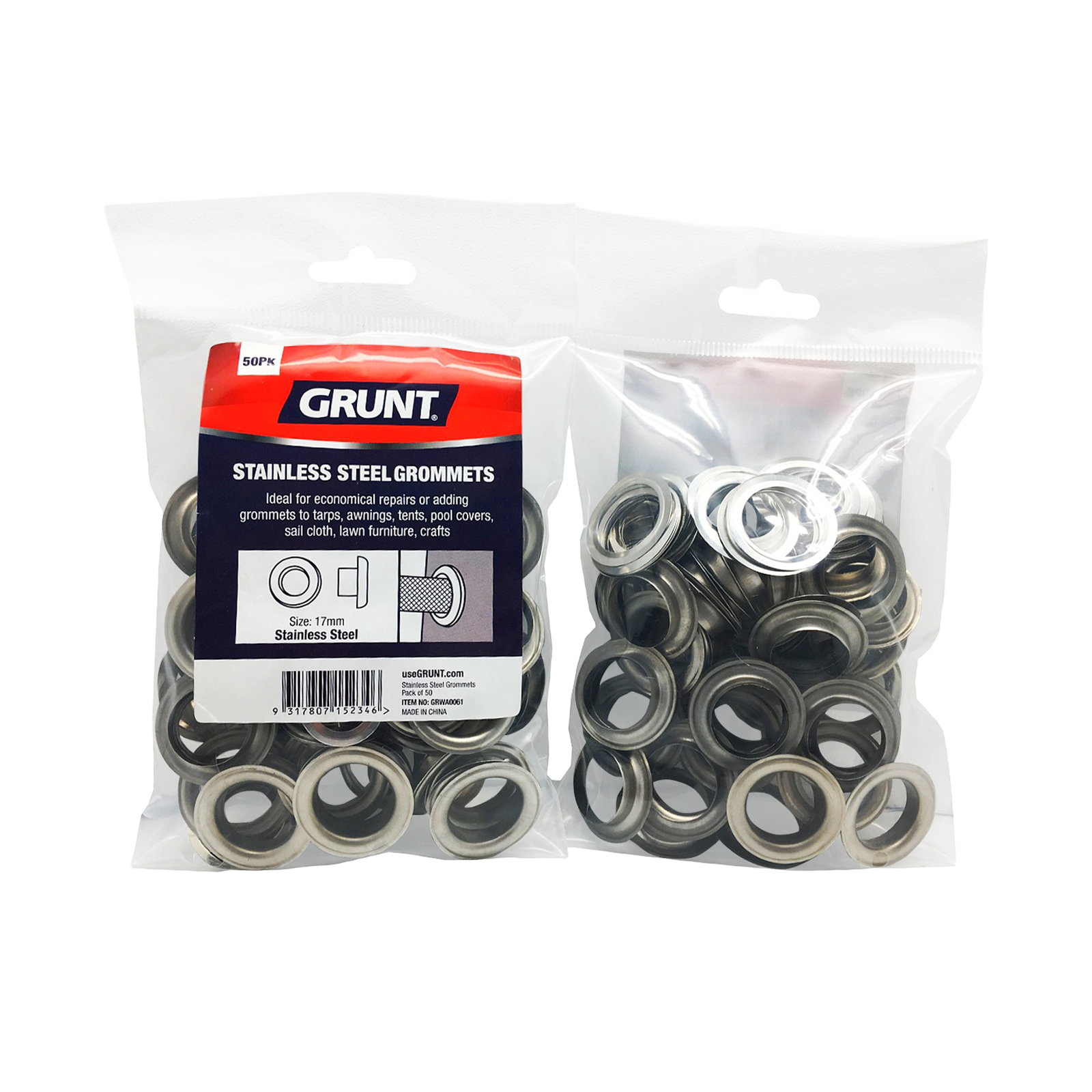 Grunt 17mm Stainless Steel Webbing Grommets, 50 Pack
