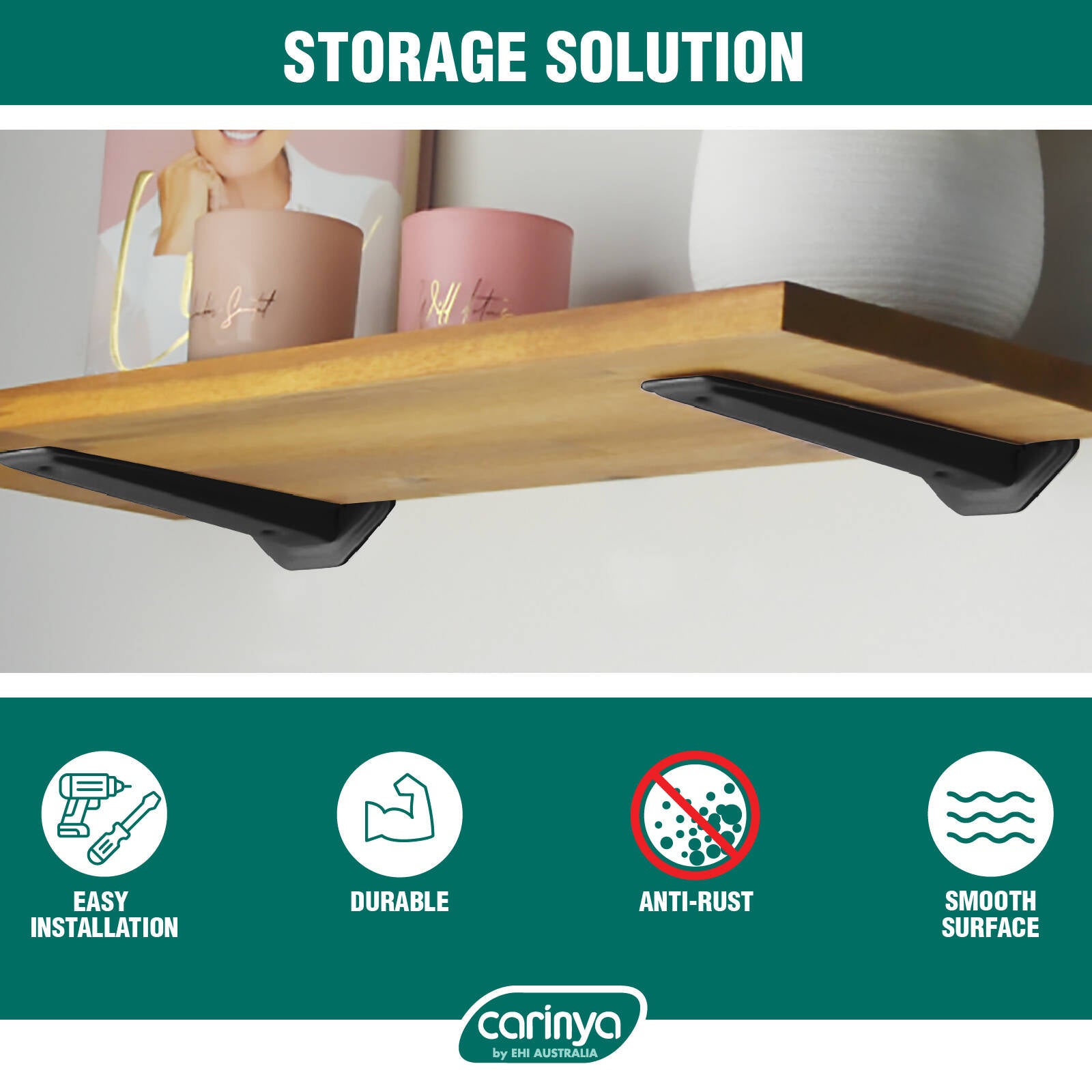 Carinya 189 x 39mm Black Powder Coated Steel Floating Shelf Bracket 50kg
