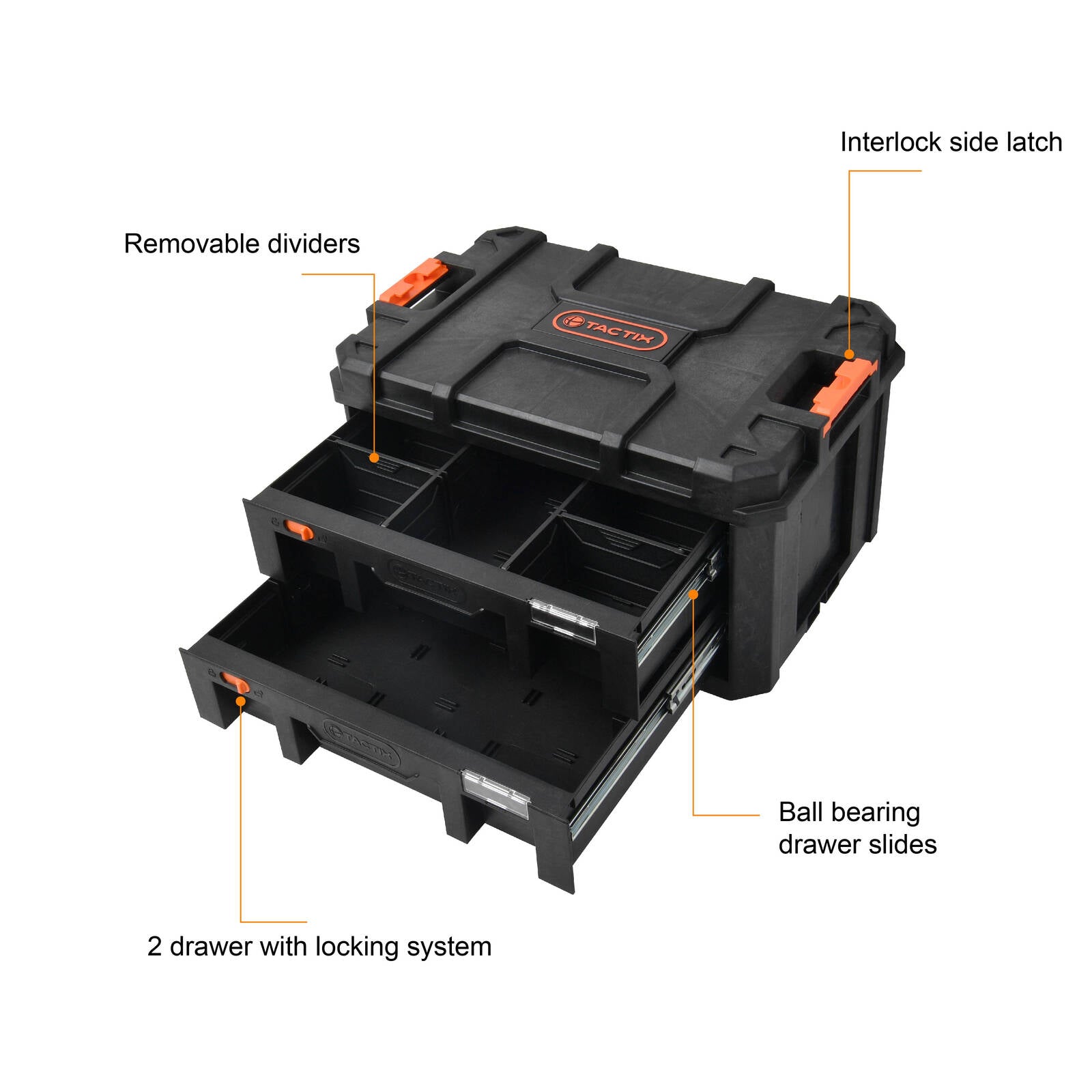 Tactix 2 Drawer Modular Tool Chest, Black, Lockable Ball-Bearing Drawers