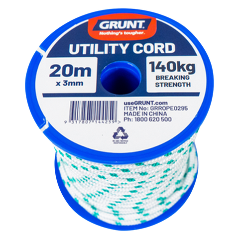 Grunt 3mm x 20m Multi-Purpose Utility Cord, Polypropylene, Floats, 140kg Break Strength