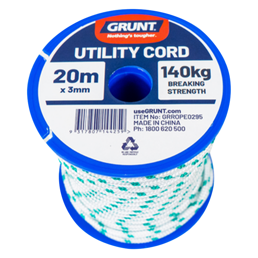 Grunt 3mm x 20m Multi-Purpose Utility Cord, Polypropylene, Floats, 140kg Break Strength