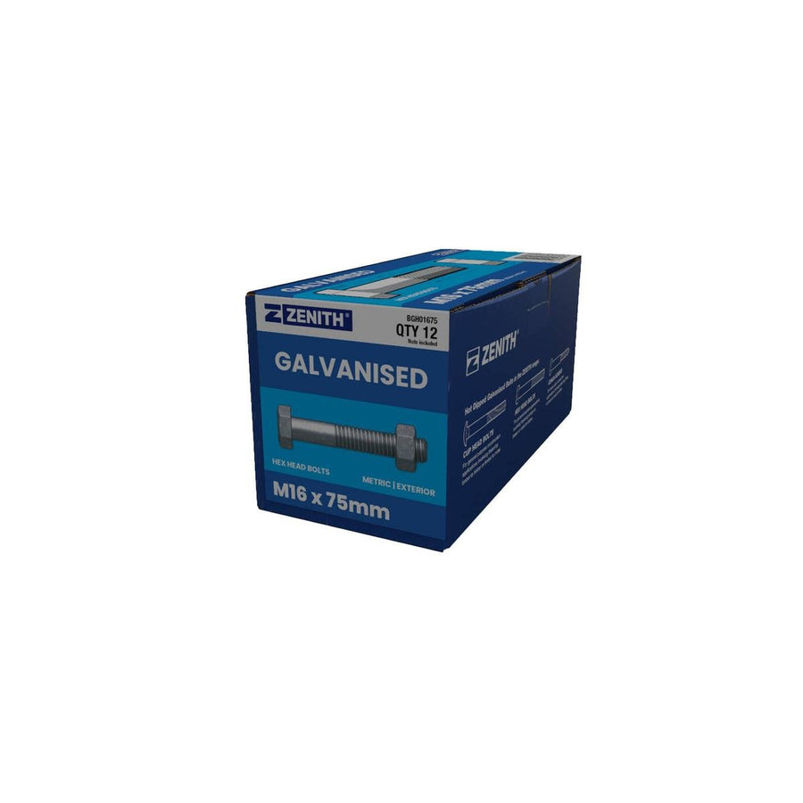 Zenith M16 x 75mm Hot Dip Galvanised Hex Head Bolts and Nuts 12 Pack - SuperSaverAU - view 1
