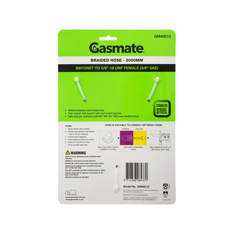 Gasmate Braided Hose 2000mm Bayonet to 5/8" UNF (3/8" SAE) Push Connect