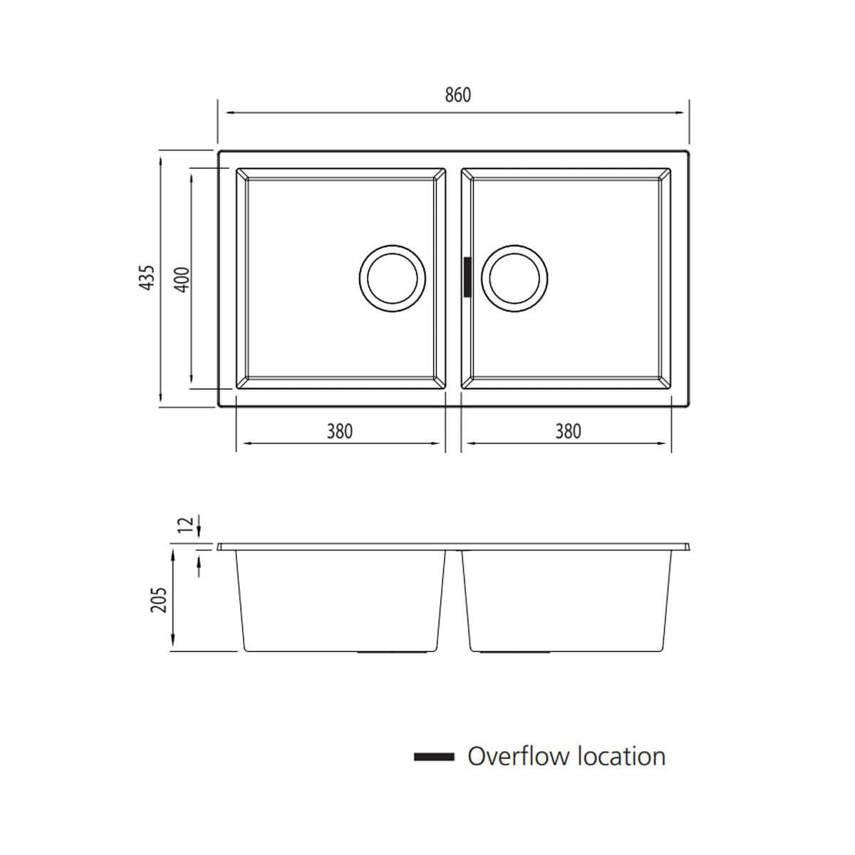 Oliveri Santorini Double Bowl Undermount Sink - Matte Black, Two 32L Bowls - ST-MB1563U-OF