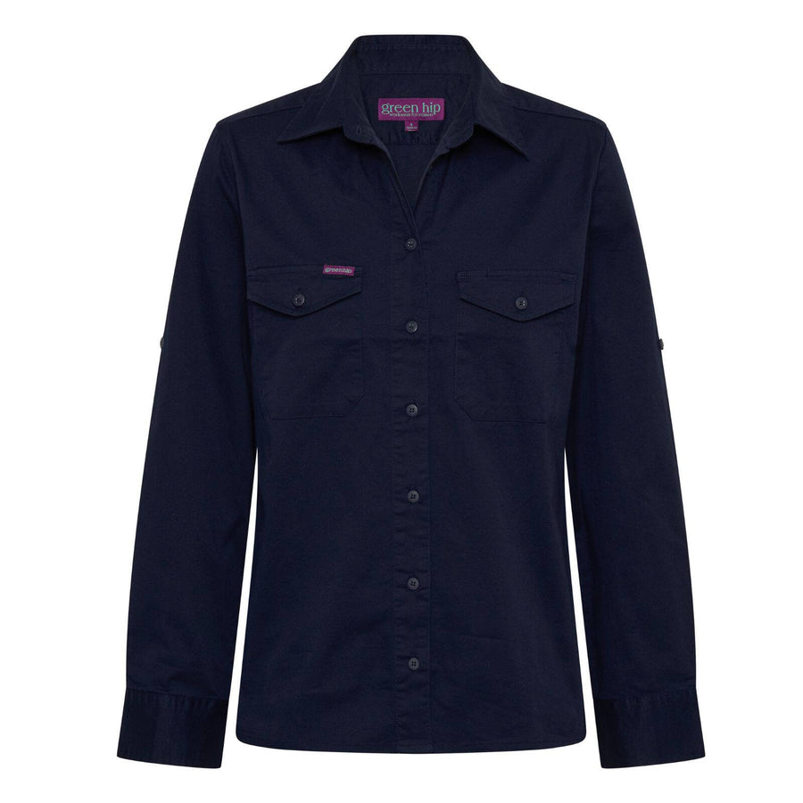 Green Hip Long Sleeve Women's Work Shirt Navy Blue Size 10