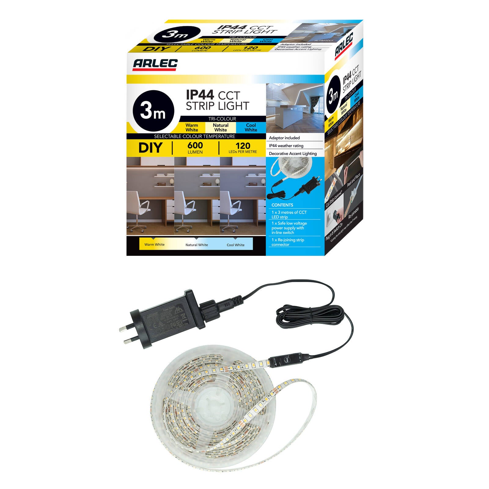 Arlec 3m LED Strip Light 600lm CCT IP44 Indoor Outdoor ALD341CCT