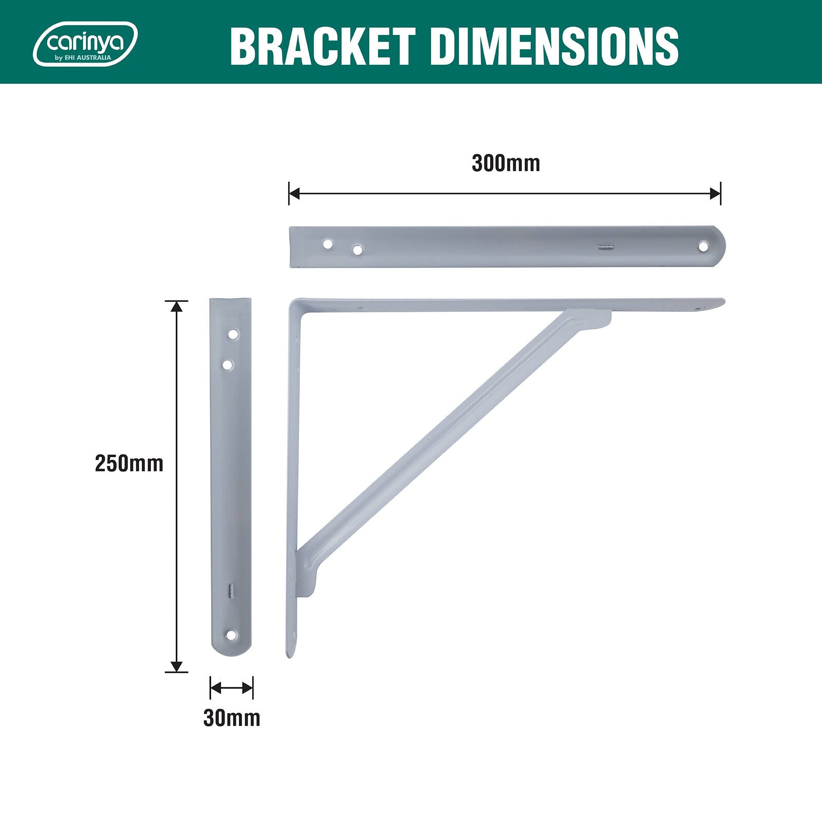 Carinya 300 x 250mm White Light Stayed Bracket, Powder Coated Steel, Multi-Orientation Wall Mount