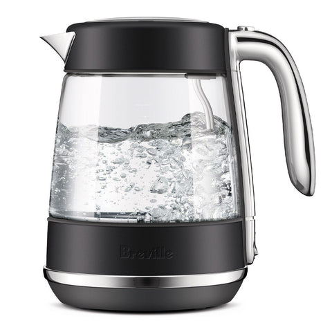 Breville the Crystal Luxe Glass Kettle 1.7L - Black Truffle Trim, Mesh Filter, Soft Top Lid - BKE765BTR