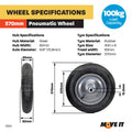 Move It 3.0 x 8" Pneumatic Wheelbarrow Wheel, 5/8" Bore, 100kg