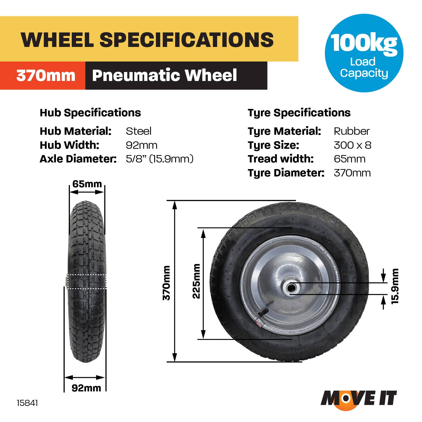 Move It 3.0 x 8" Pneumatic Wheelbarrow Wheel, 5/8" Bore, 100kg