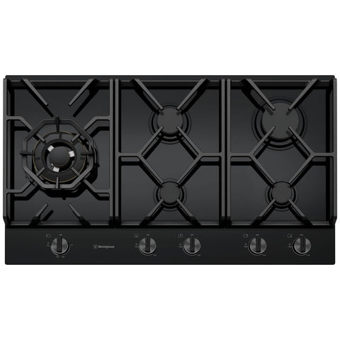 Westinghouse 90cm 5 Burner Gas Cooktop - Black Ceramic Glass, 19MJ/h Wok Burner, Dual Valve Control - WHG959BD
