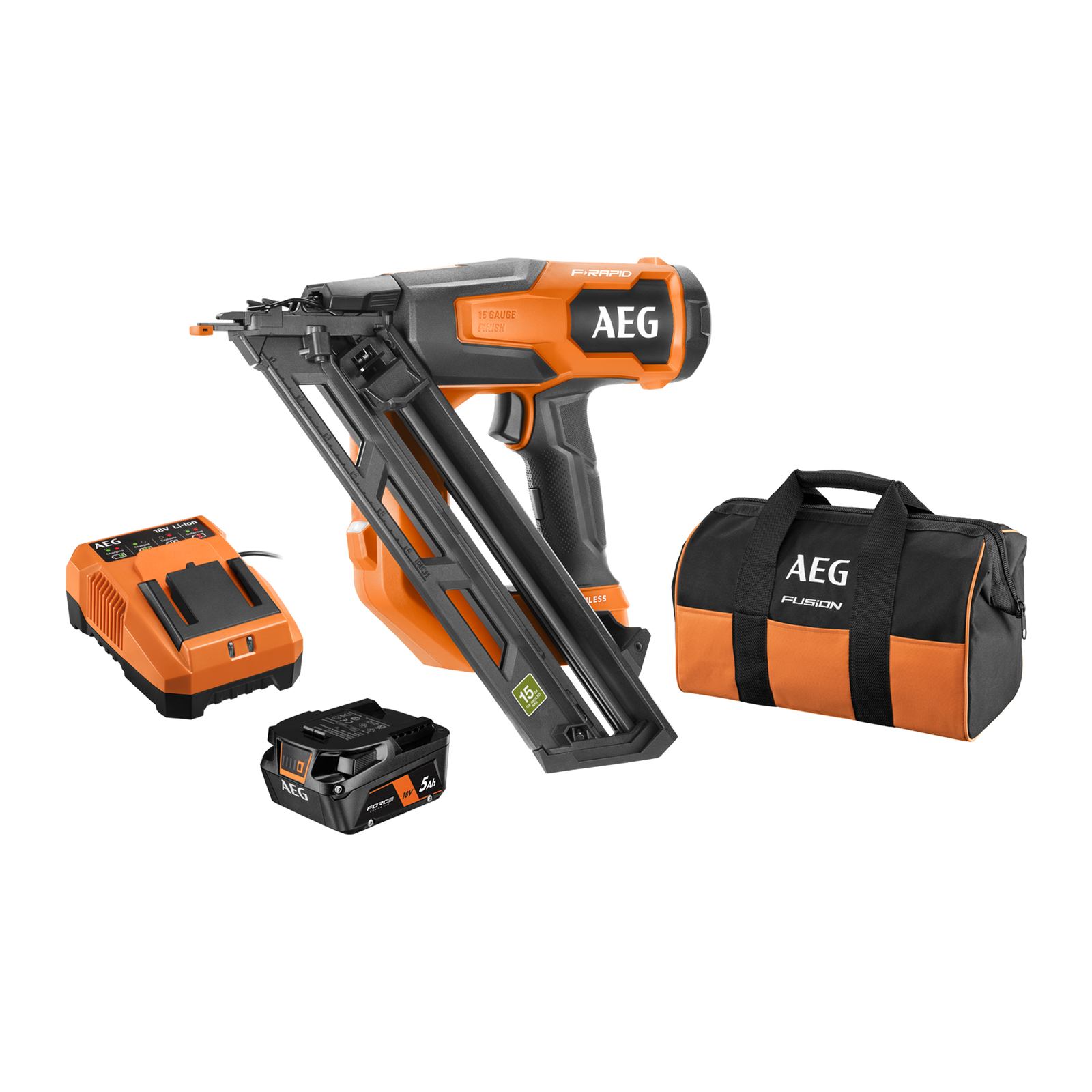 AEG 18V F-RAPID 15GA DA Angled Brad Nailer 5Ah FORCE Kit A18FN15DA51