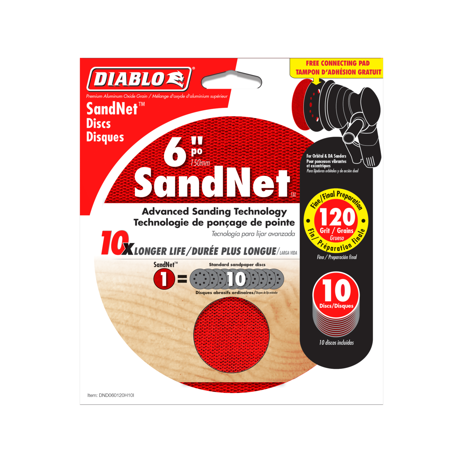 Diablo 150mm 120 Grit SandNET Orbital Discs with Connection Pad 10 Pack Red