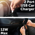 Click 12W 2 Port USB Car Charger CLK1006B - Black, Charges Two Devices at Once
