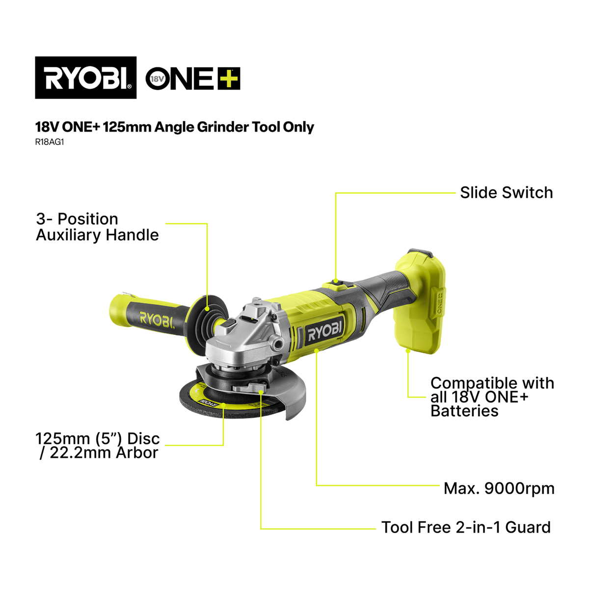 Ryobi 18V ONE+ Angle Grinder Tool Only - 125mm - 9000rpm - Cordless - SuperSaverAU - view 2
