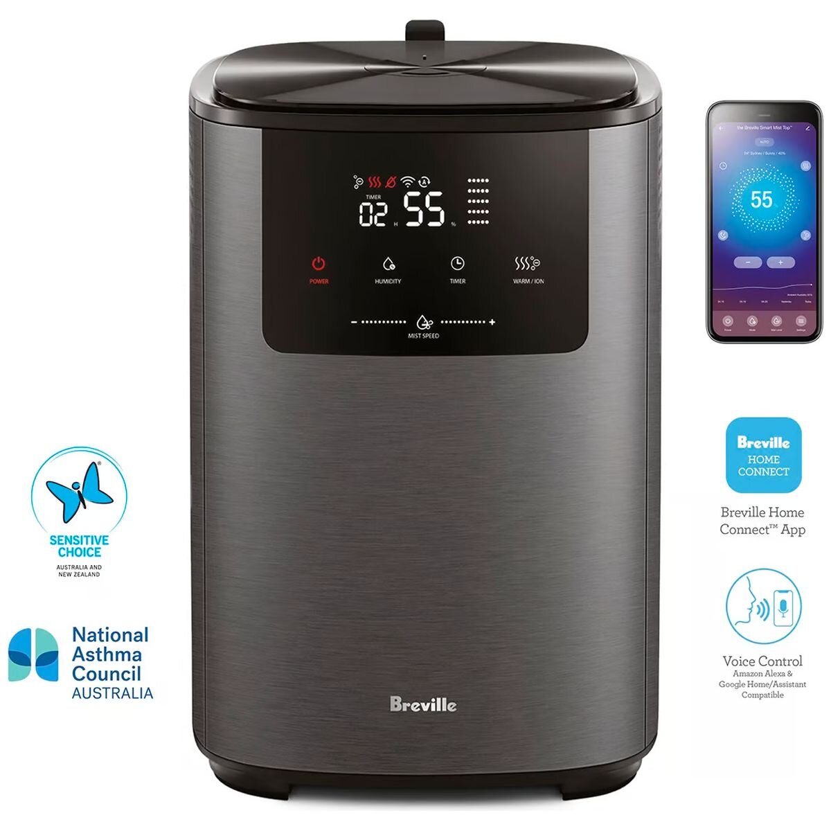 Breville The Smart Mist Top Connect Humidifier 4L - Graphite, Top-Fill Tank - LAH508GRT2IAN1