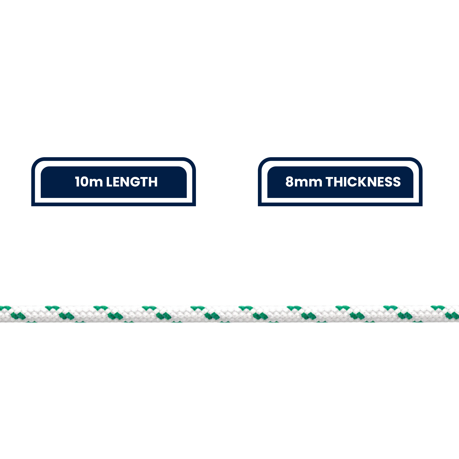 Grunt 8mm x 10m Outdoor Rope, White with Green Trace, Braided PP Multi-Filament, 600kg Break Strength