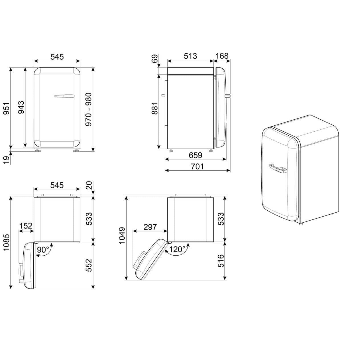 Smeg 50s Retro Style Happy 135L bar fridge - left hinge, cream, 6 star energy rating - FAB10HLCR6