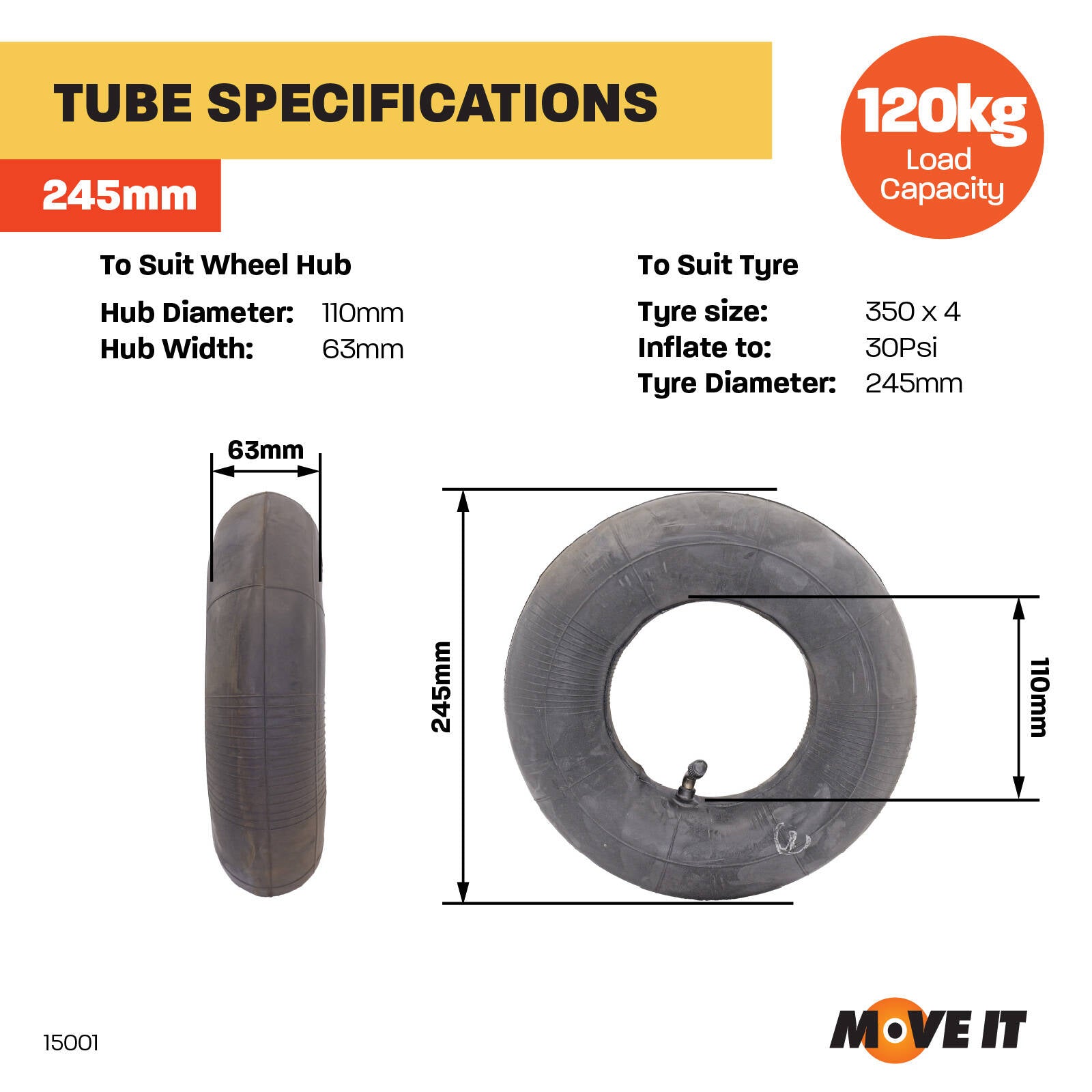 Move It 350 x 4 Replacement Pneumatic Inner Tube, Rubber, 120kg