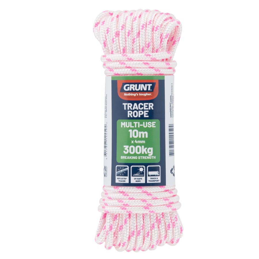 Grunt 4mm x 10m White Braided Polypropylene Tracer Rope 300kg