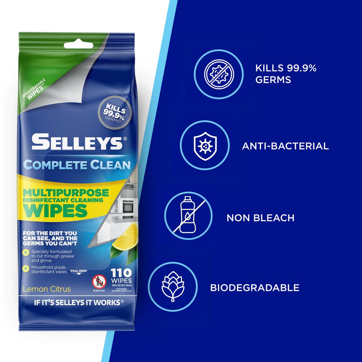 Selleys Complete Clean Biodegradable Disinfectant Wipes 110 Pack - 85mm x 190mm - Antibacterial - SuperSaverAU - view 3