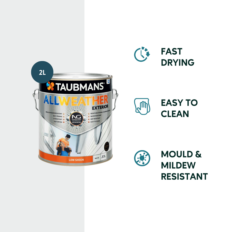 TAUBMANS 2L White Low Sheen Water Based Acrylic All Weather Exterior Paint