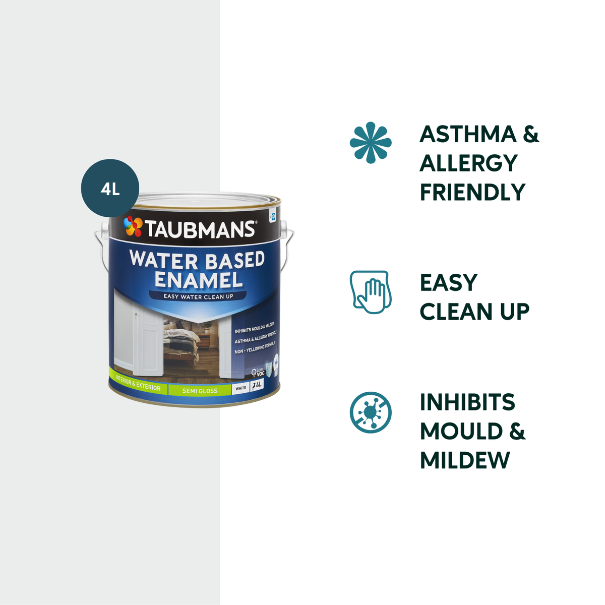 Taubmans 4L White Semi Gloss Water Based Enamel Paint - 4L - Low VOC - Mould Resistant - SuperSaverAU - view 2