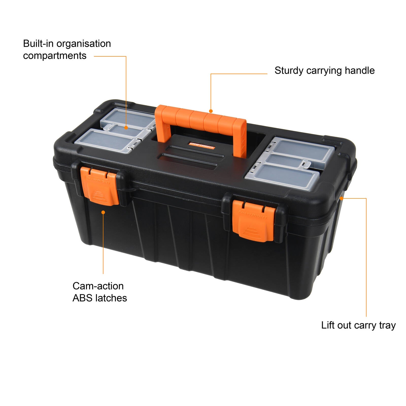 Craftright 435mm Polypropylene Tool Box, Lift-Out Tray, Lockable, Black and Orange